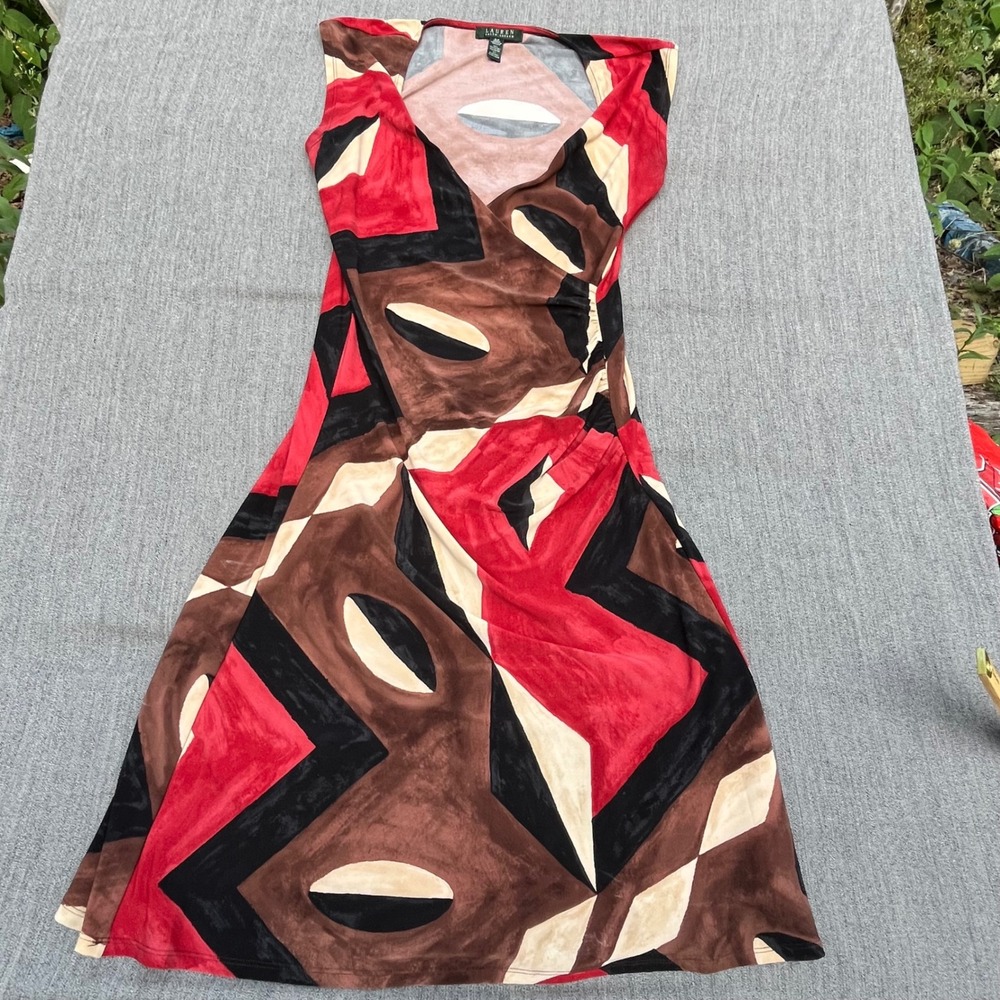 Lauren Ralph Lauren Geometric Abstract Print Faux Wrap Dress Red Brown Small